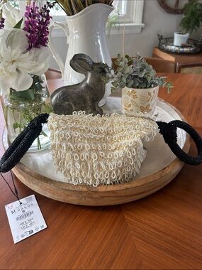 Zara Cream Beaded Clutch/Barrel bag  with Black Beaded Handle